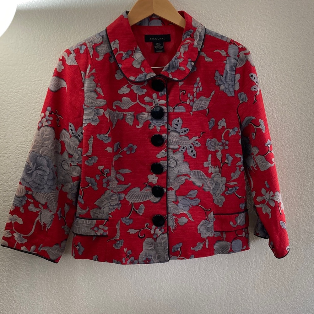 SilkLand Silk Red and Gray Floral Short Blazer Boho Fun 21x21 L